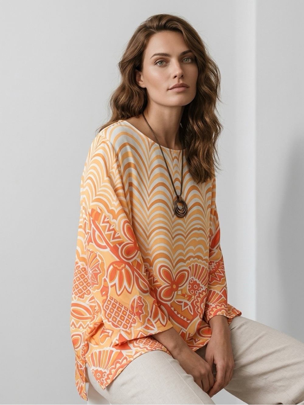 Bob Mackie Wearable Art Orange Wave Floral Print Tunic Top 1X